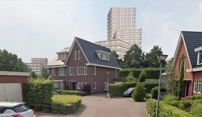 Het nieuwe ontwerp voor Eleanor Park. De nieuwbouw loopt in hoogte op vanaf de bestaande bebouwing. De toren op de hoek met de Zuidweg is 66 meter hoog.