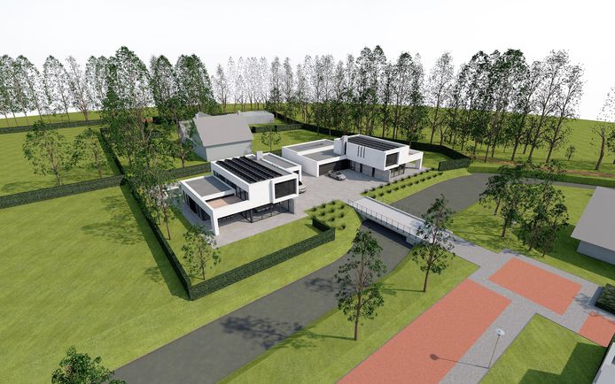 Een impressie van de twee villa's met brug aan de Akkerlaan in Waalwijk.