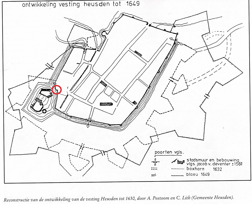 Reconstructie van de ontwikkeling van de vesting Heusden tot 1650 door A. Peetoom en C Lith (gemeente Heusden). In rood omcirkeld de plaats van de poort van de burcht van Heusden.