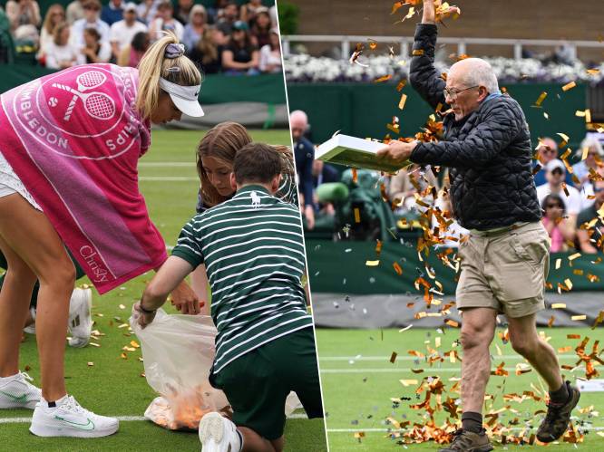 Ondanks wachtrijen van 10 uur: klimaatactivisten verstoren Wimbledon-matchen met puzzelstukjes en confetti, tennisster helpt zelf opruimen