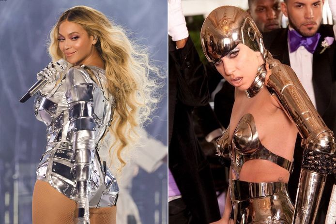 Links: Beyoncé tijdens haar 'Renaissance' wereldtour. Rechts: Lady Gaga in outfit van Thierry Mugler in de videoclip van haar hitnummer 'Paparazzi' in 2008.