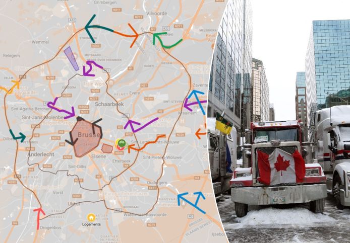 Beeld van het truckersprotest in Canada, waar het fenomeen van de Vrijheidskonvooien begon, en een kaart van actievoerders die dat ook naar Brussel willen brengen.
