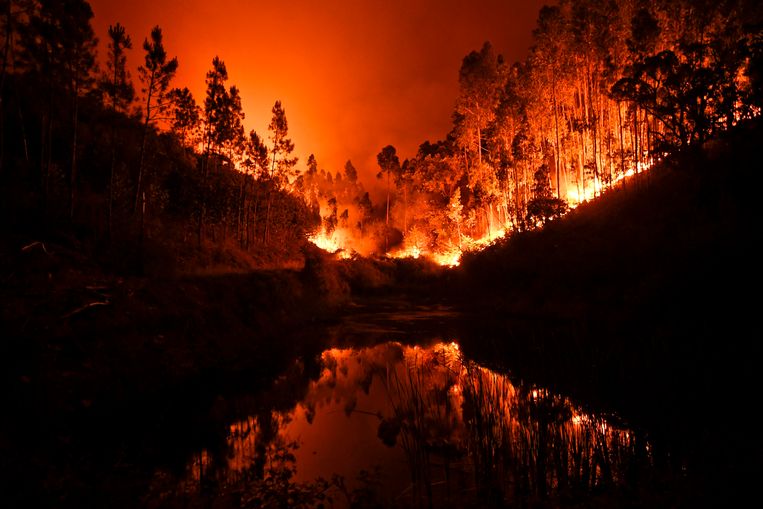 Een rivier bij Coimbra weerspiegelt de verschrikkelijke vuurhaard.
 Beeld AFP
