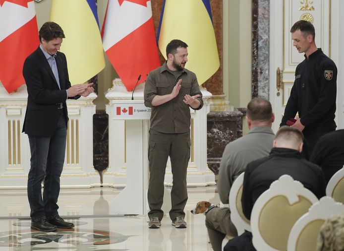Trudeau en Zelensky applaudisseren voor Patron en zijn baasje tijdens een persconferentie in Kiev.