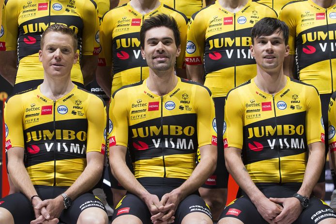 Van links naar rechts: Steven Kruijswijk, Tom Dumoulin en Primoz Roglic, de drie Tour-troeven van Jumbo-Visma.