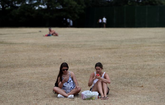 Bezoekers op het inmiddels dorre gras in Hyde Park, Londen.