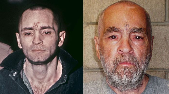 Charles Manson: links ten tijde van zijn proces in 1971, rechts op een foto uit 2009.