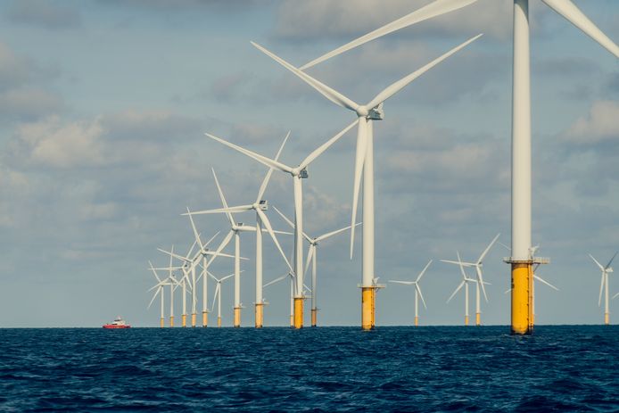 Het windmolenpark Rentel in de Noordzee, zo’n 40 kilometer van de kust verwijderd.