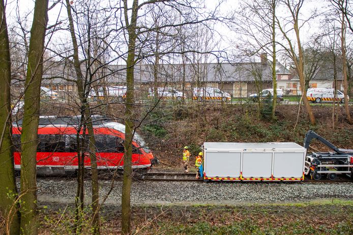 De trein die woensdagavond ontspoorde nadat het in aanrijding kwam met een omgevallen boom is weer op het spoor gezet en is op de weg terug naar Duitsland.