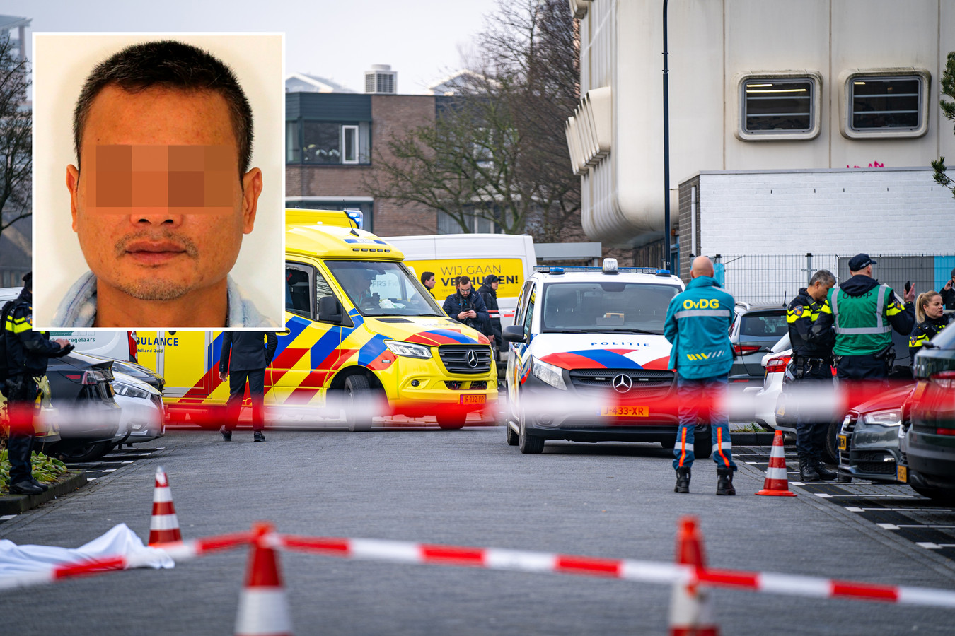 Beeld van een paar minuten na de dodelijke schietpartij in Zwijndrecht. Inzet: moordverdachte ....