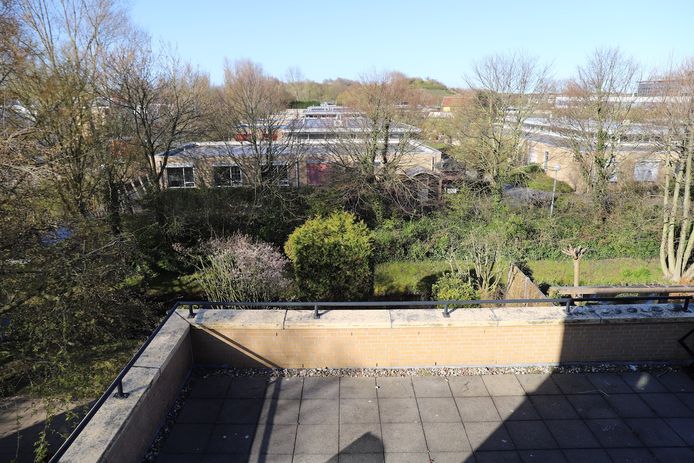Het uitzicht van de bewoners vanaf het dakterras van de woningen in de winter. Achter de bomen liggen de units. Op de achtergrond zie je de duinen.