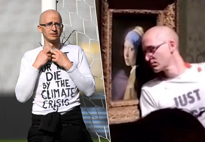 Klimaatactivist Wouter Mouton bond zich eerder vast aan de doelpaal tijdens de Bekerfinale voetbal. Meer recent lijmde hij zich vast aan het schilderij 'Meisje met de parel'.