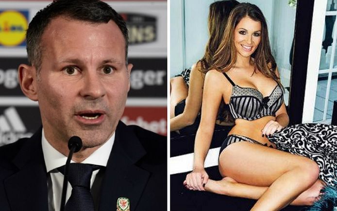 Ryan Giggs tijdens zijn aanstelling als bondscoach van Wales. Rechts: Natasha, de ex-vrouw van zijn broer waar Ryan een affaire mee had.