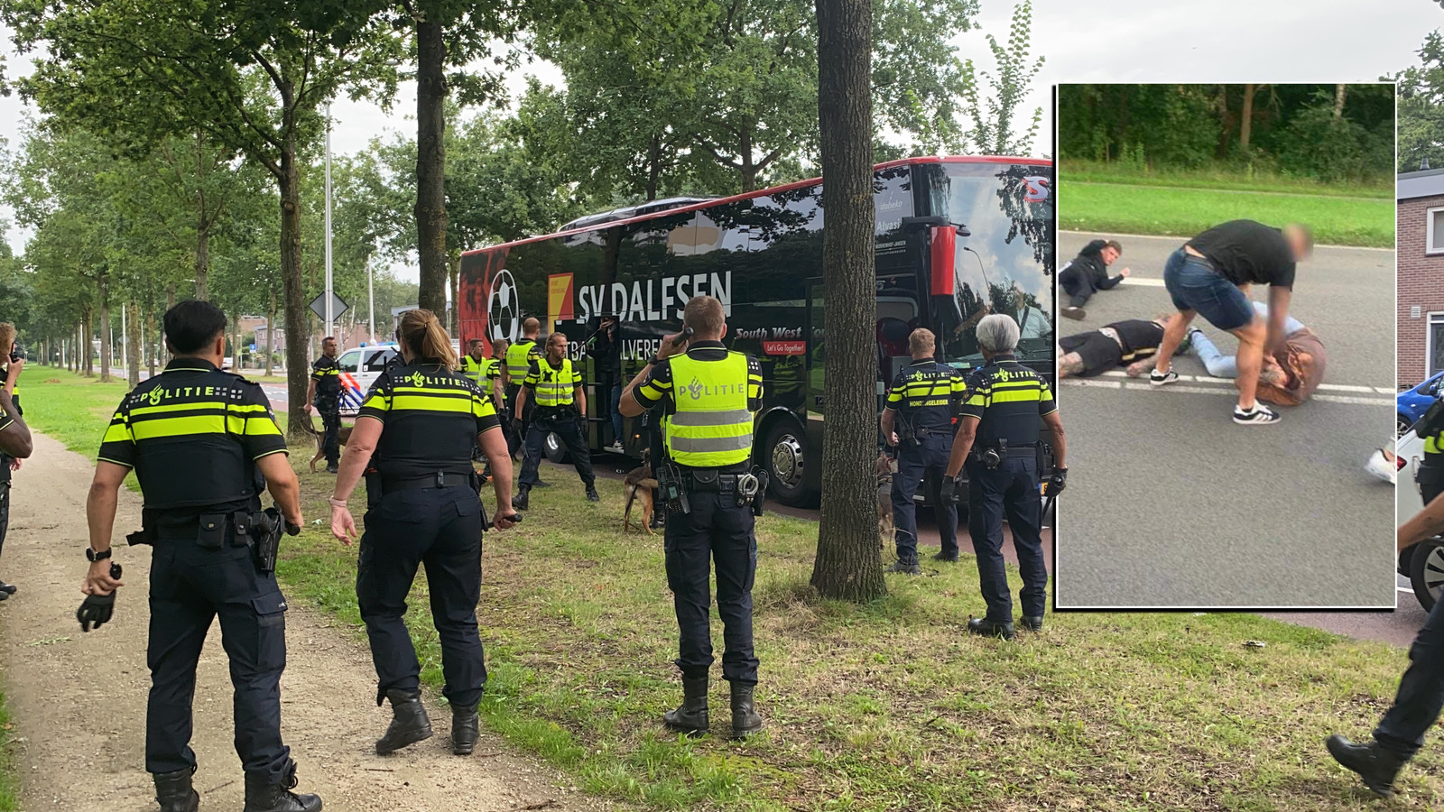 Politie zaterdagmiddag bij de bus aan het Wezenland in Deventer. Daarin zaten aanhangers van PEC Zwolle. Inzet: beelden van de confrontatie later, op een andere locatie. Het ging er stevig aan toe.