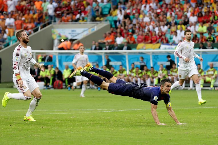 Robin van Persie's famous diving header.  Image by Eric Verhoeven/Socrates/Getty Images