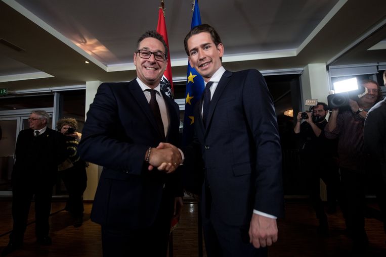 Heinz-Christian Strache (links) van de FPÖ en Sebastian Kurz van de ÖVP zaterdag, nadat een akkoord was bereikt over samenwerking. Beeld EPA