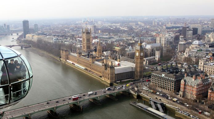 Uitzicht over de Big Ben, de Houses of Parliament en het Palace of Westminister vanuit The London Eye.