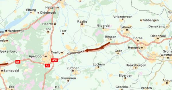 Ongeval op de A1 bij Bathmen: vertraging tussen Hengelo en Apeldoorn loopt snel op.