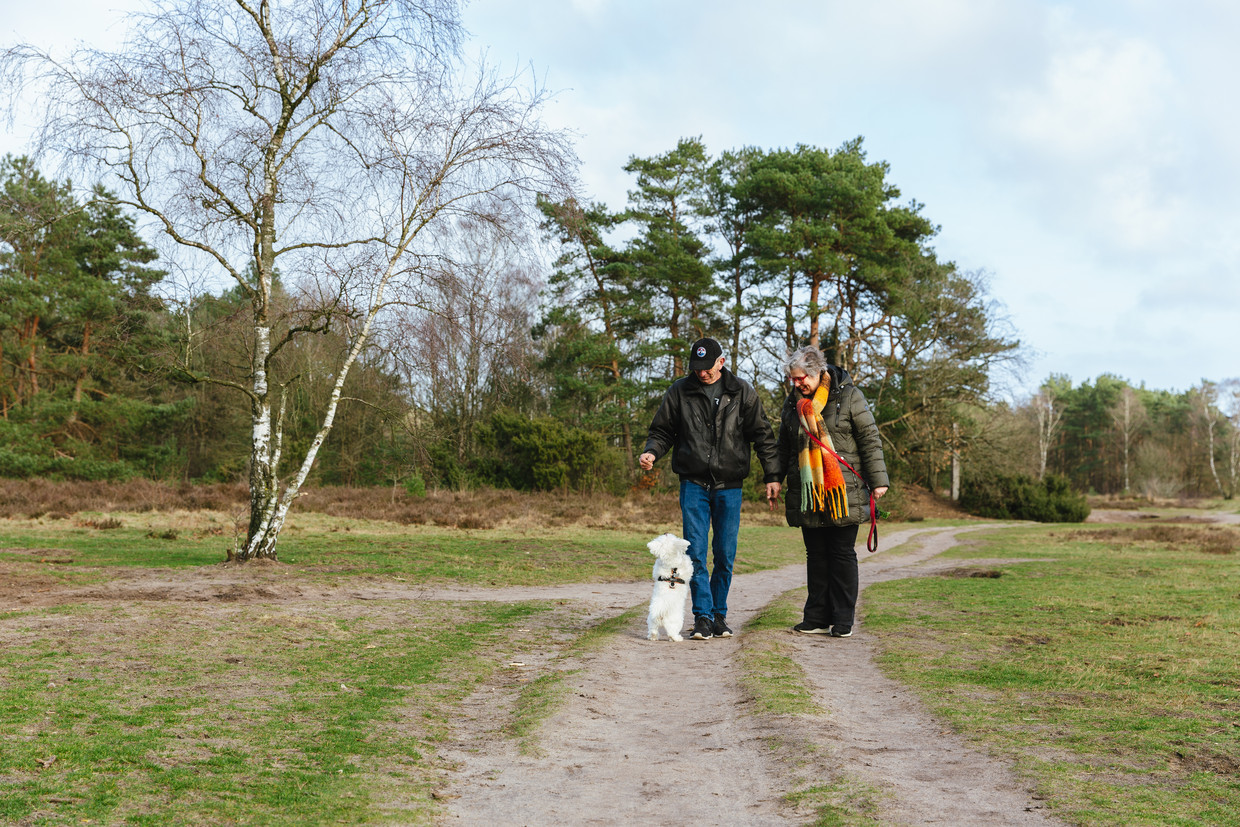 Rob Stuivenberg en Natasja van Dwingelen leerden elkaar kennen via dewandeldate.nl. Hier wandelen ze met hondje Nino over de Bussumerheide.