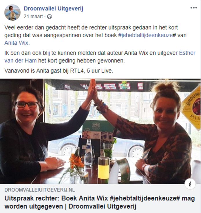 Wix kreeg op 21 maart nog gelijk van de rechter na een kort geding dat haar ex aanspande tegen het uitbrengen van het boek. Haar ex ging daarop met succes in hoger beroep waardoor het boek uit de handel moet worden genomen.