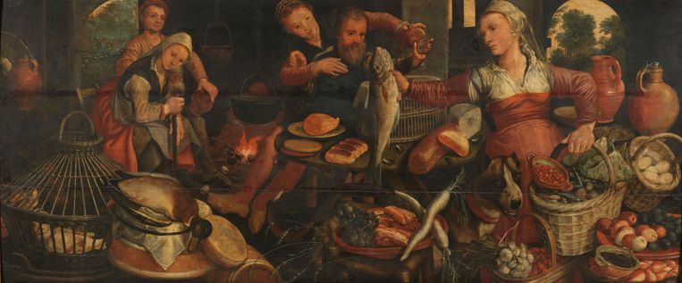 Keukenstuk (1560-1565) met verschillende personen te midden van groenten, vruchten, brood, gevogelte en vis. Beeld Pieter Aertsen / Rijksmuseum