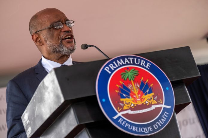 De nieuwe premier van Haïti Ariel Henry tijdens zijn inauguratie dinsdag in de hoofdstad Port-au-Prince.