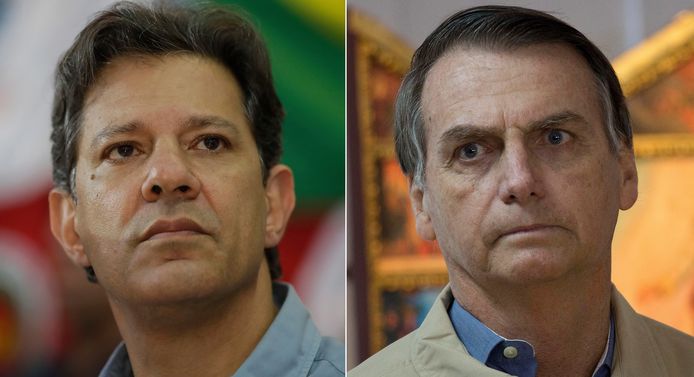 De linkse presidentskandidaat Fernando Haddad (links) en zijn rechtse tegenstander Jair Bolsonaro (rechts).