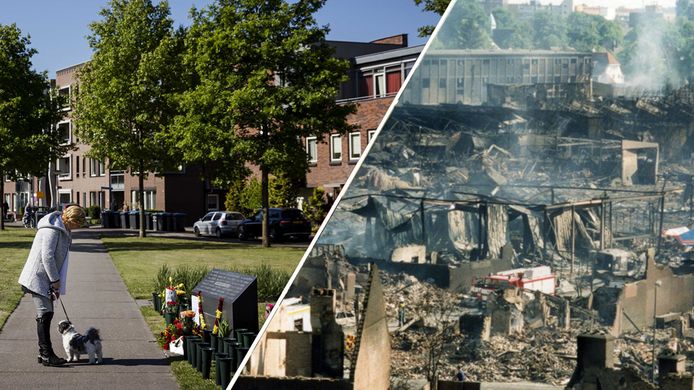 Links de herdenking van deze woensdag, rechts Enschede in as in 2000.