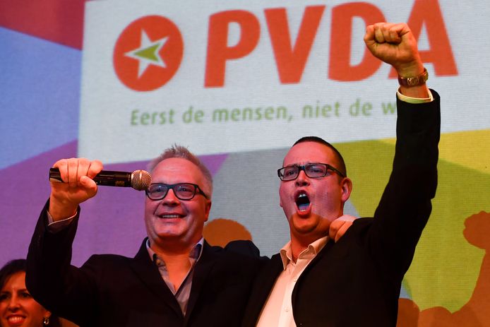 PVDA-kopstukken Peter Mertens (lijsttrekker in Antwerpen) en Raoul Hedebouw (lijstduwer in Luik).