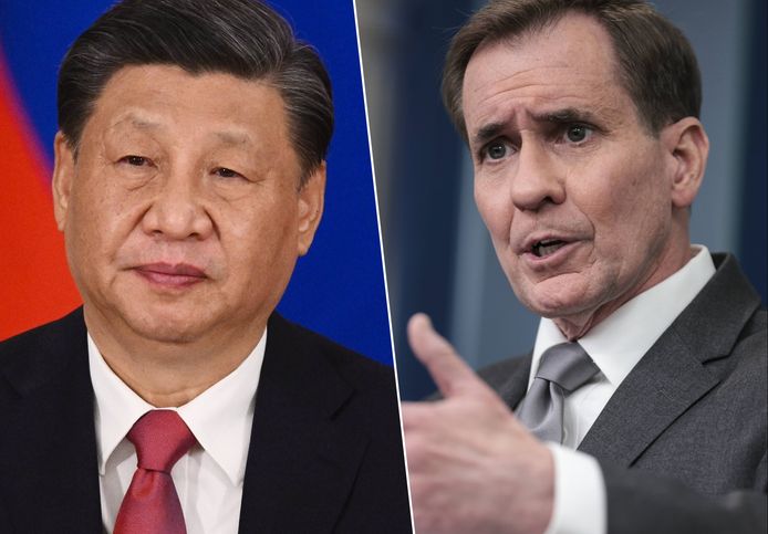 De Chinese president Xi Jinping en de woordvoerder van de Amerikaanse Nationale Veiligheidsraad John Kirby.