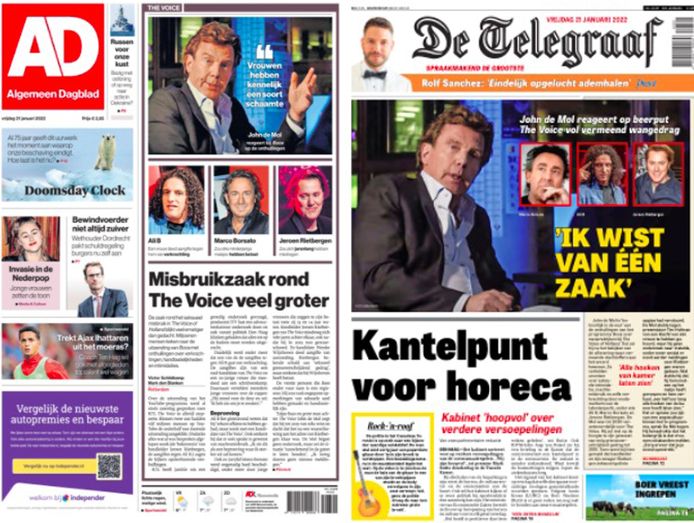 De voorpagina'S van 'Algemeen Dagblad' en 'De Telegraaf'.