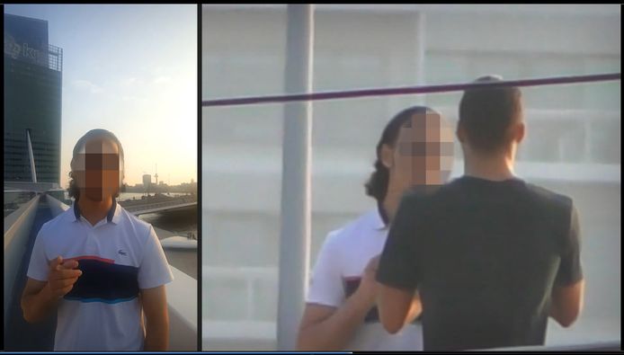 Verdachten Ahmed B.  en Mouad M. tijdens het filmen van een 'afscheidslied' op de Erasmusbrug in Rotterdam.