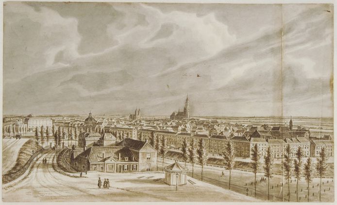 Uitzicht op Arnhem met het Nieuwe Plein in 1845. Prent uit de Topografisch Historische Atlas Gelderland