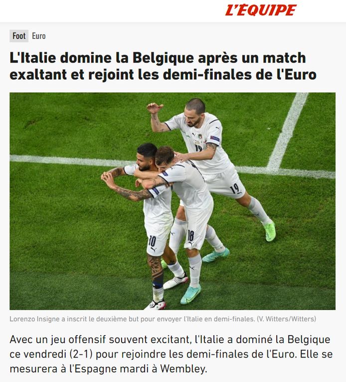 "Italië domineert België in een opwindende match en stoot door naar de halve finales van het EK."