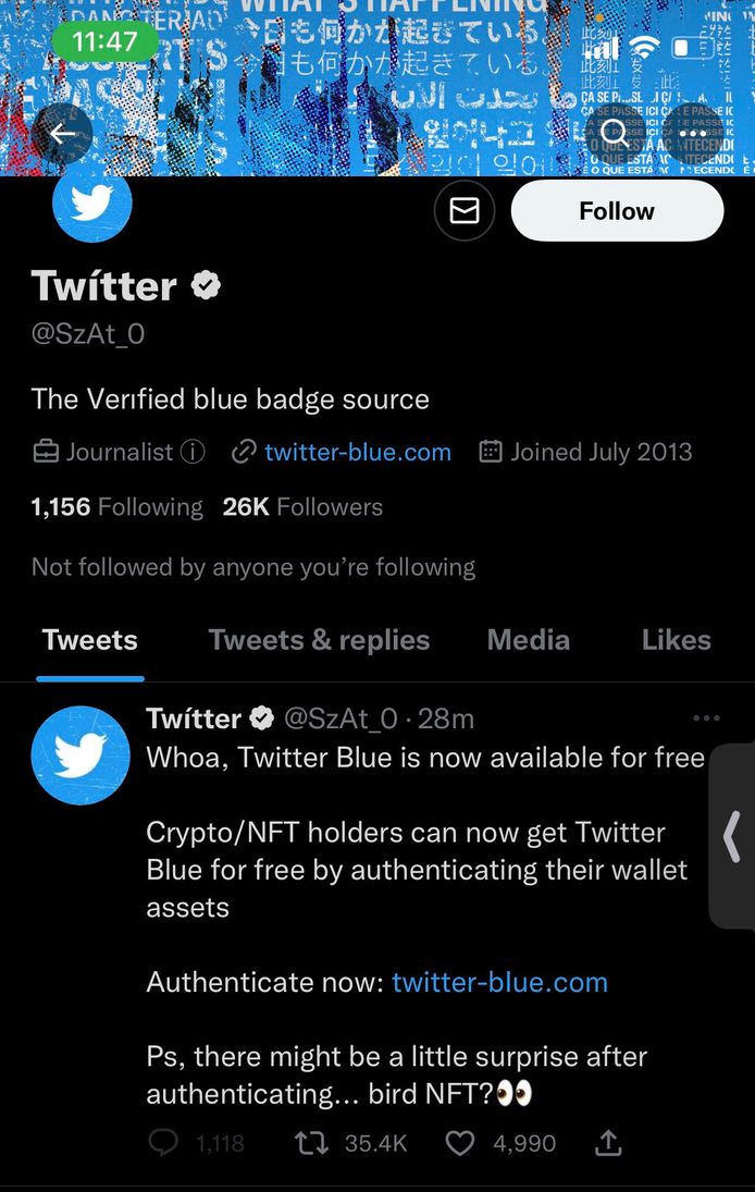 Een gebruiker die zich voordoet als het officiële account van Twitter.
