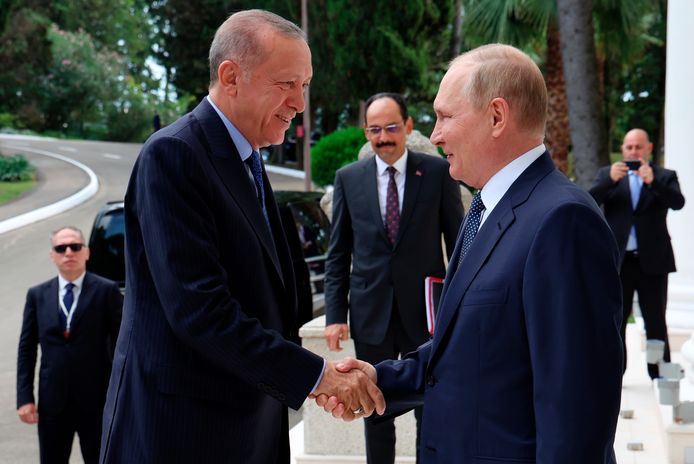 De Turkse president Recep Tayyip Erdogan schudt zijn Russische ambtgenoot Vladimir Poetin de hand.