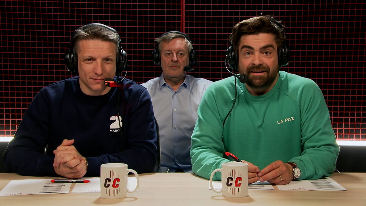 Wesley Sonck, Frank Raes en Pedro Elias in 'De Container Cup' Beeld SBS