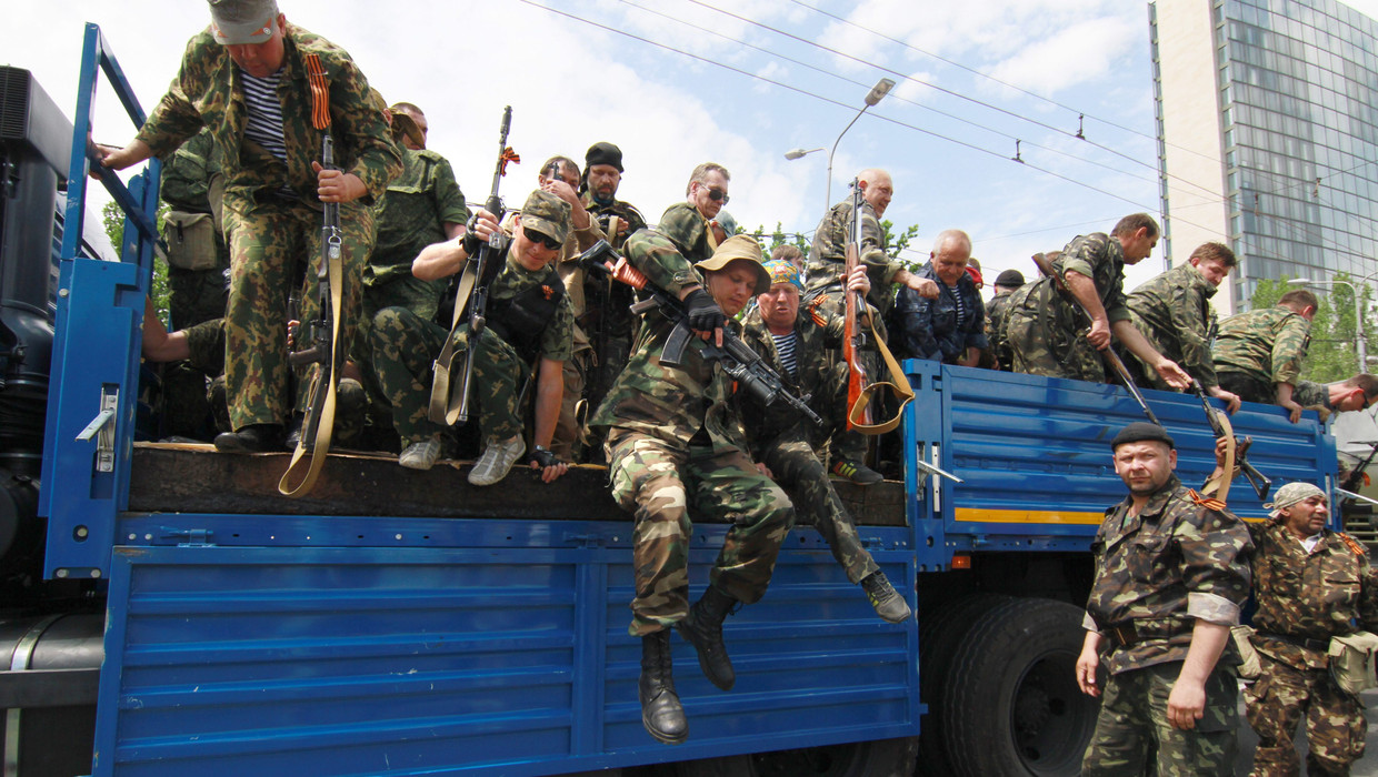 Separatisen in Donetsk afgelopen weekend, tijdens betogingen tijdens de presidentsverkiezingen in Oekraïne. Beeld EPA