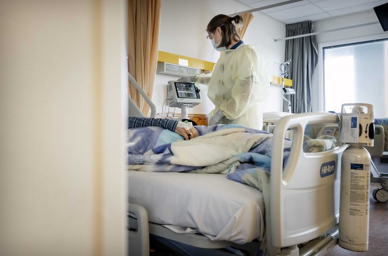 Een coronapatiënt op de covid-afdeling in het HMC Westeinde.  Beeld ANP