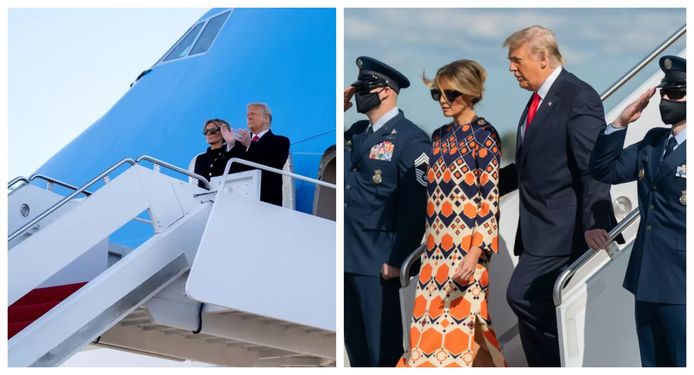 Links: Donald en Melania Trump gaan voor het laatst aan boord de Air Force One op de Andrews-luchtmachtbasis in Maryland. Foto rechts: De aankomst in Palm Beach (Florida). Melania koos voor een meer zomerse outfit.