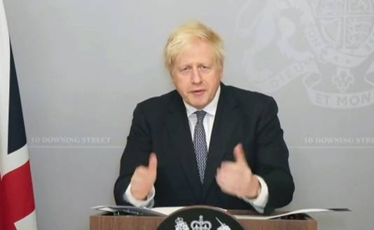 De Britse premier Boris Johnson tijdens zijn (online) toespraak tot het parlement.