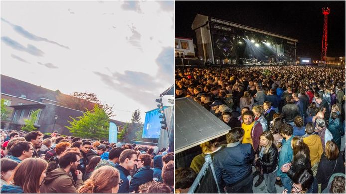 Het 1 mei-festival verhuist van het Begijnhofpark (links een archiefbeeld) naar het Mandelaplein (rechts een archiefbeeld tijdens Goose Nonstop For Life op het Mandelaplein, in 2018)