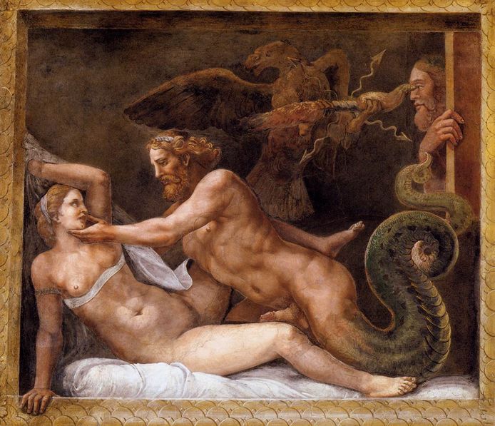 'Jupiter verleidt Olympias' van Giulio Romano uit de 16de eeuw toont expliciet een verkrachtingsscène. “De focus ligt ook op het mannelijke geslachtsdeel, iets wat we vooral met porno associëren.”