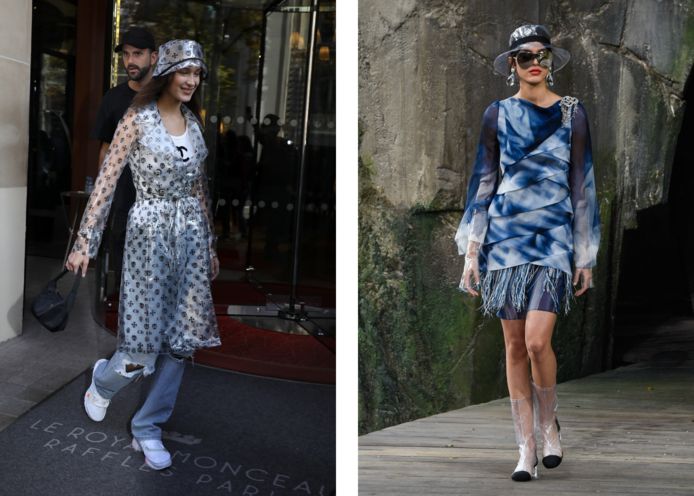 Van links naar rechts: Bella Hadid, Chanel bucket hat 2018