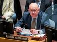Permanent vertegenwoordiger Vassily Nebenzia van Rusland bij de Verenigde Naties tijdens een vergadering van de Veiligheidsraad.