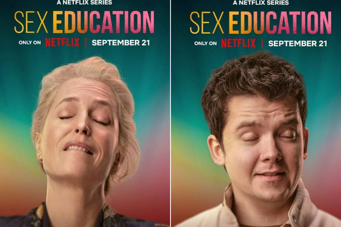 Gillian Anderson (links) en Asa Butterfield (rechts) op een poster van 'Sex Education'.