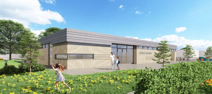 Artist impression van de omstreden nieuwe gymzaal in Heer Oudelands Ambacht in Zwijndrecht