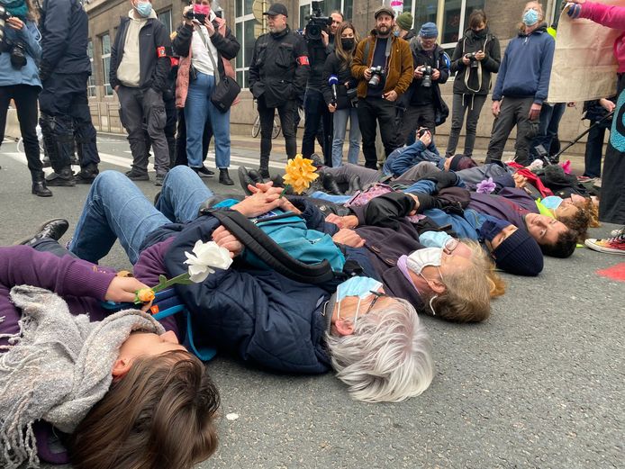 Liggend en met een bloem in de hand bezetten de activisten het asfalt van de Wetstraat.