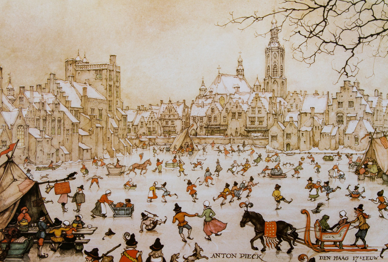 Een wintertafereel van Anton Pieck: Den Haag in de zeventiende eeuw.