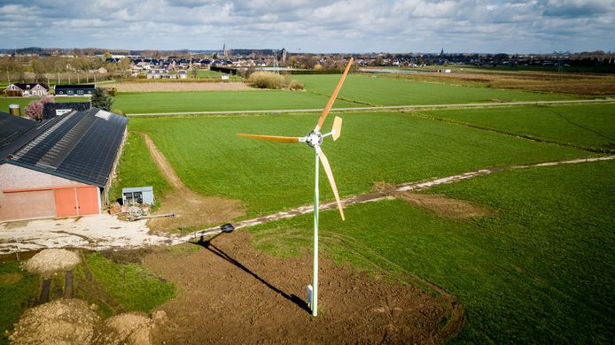 Veehouder Wilbert Litjens heeft sinds gisteren een windmolen in zijn weiland staan.